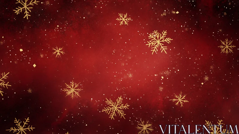 Gold snowflakes scatter across deep red festive background.