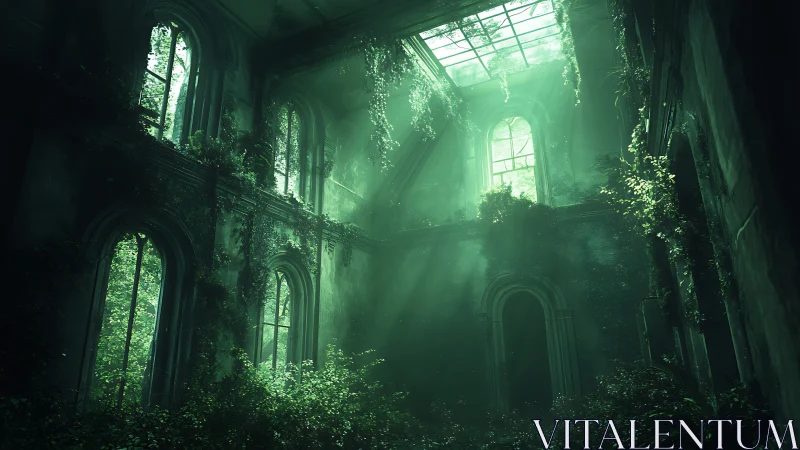 Overgrown neoclassical atrium with skylight and volumetric rays