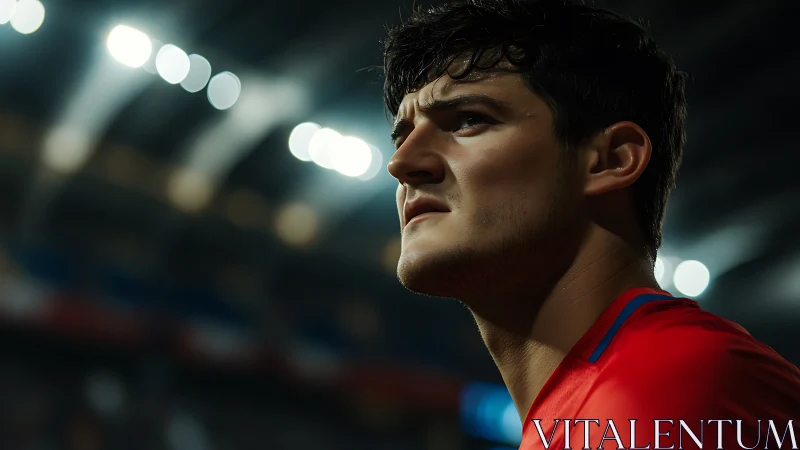 Side-lit football player under stadium LEDs shows focused tension