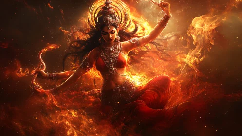 Flame crowned warrior goddess swirling in molten twilight.