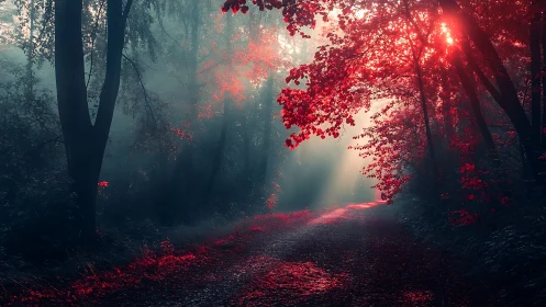 Forest Pathway with Crimson Foliage Canopy and Golden Hour Backlighting