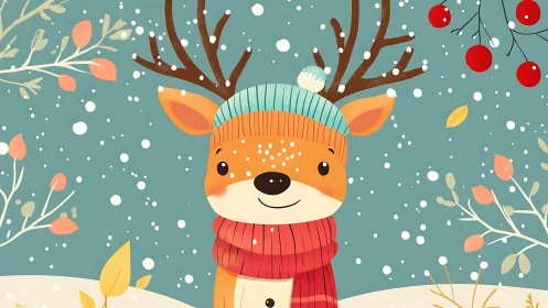 Snowy forest reindeer kid in teal beanie and scarlet scarf.