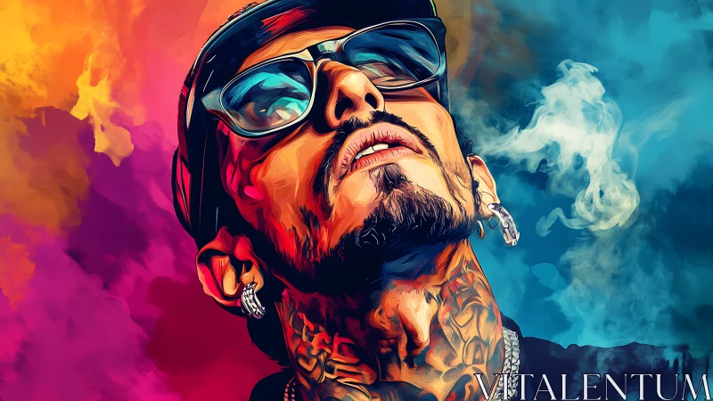 Urban neon portrait of tattooed man in vibrant smoke clouds.