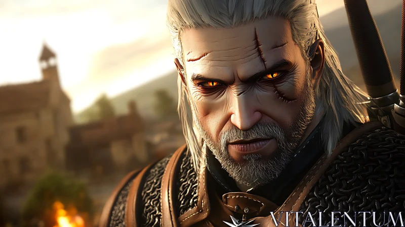 Scarred silver-haired warrior in intense cinematic close-up.