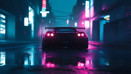 Neon-lit sports car rear view on rainy cyberpunk street.