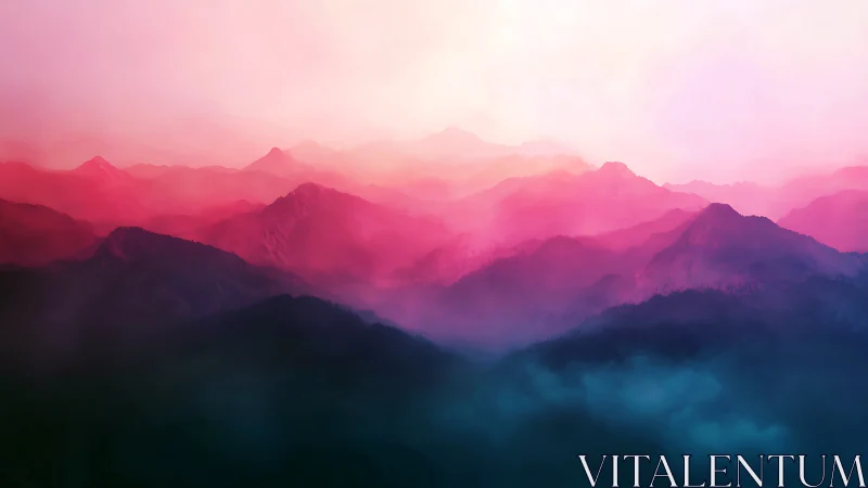 Atmospheric gradient mountain ranges in pink cyan haze