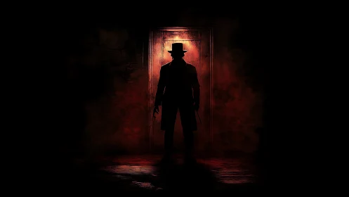 Shadowed figure waits in a red doorway of swirling mystery