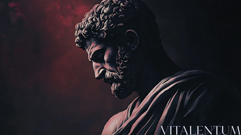 Stoic marble bust in dramatic red and shadowed light.