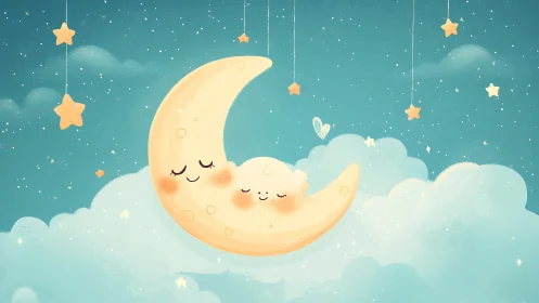 Crescent moon and cloud character rendered in soft pastel night sky