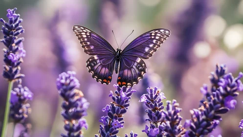 Purple butterfly resting on lavender flower field.