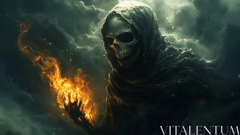 Hooded skeletal figure holds controlled flame amid dense clouds