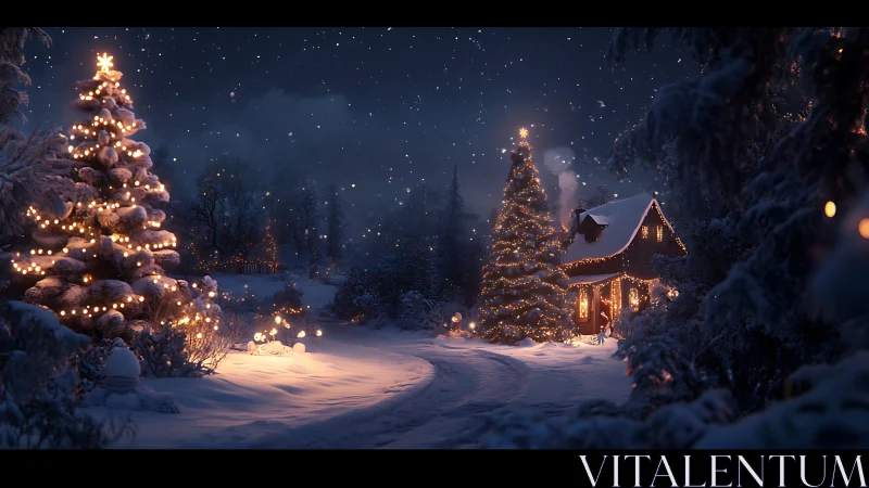 Snow-laden forest cottage uses warm bokeh lighting and deep contrast