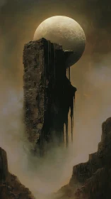 Moonlit monolith rising through misty ravine night sky.