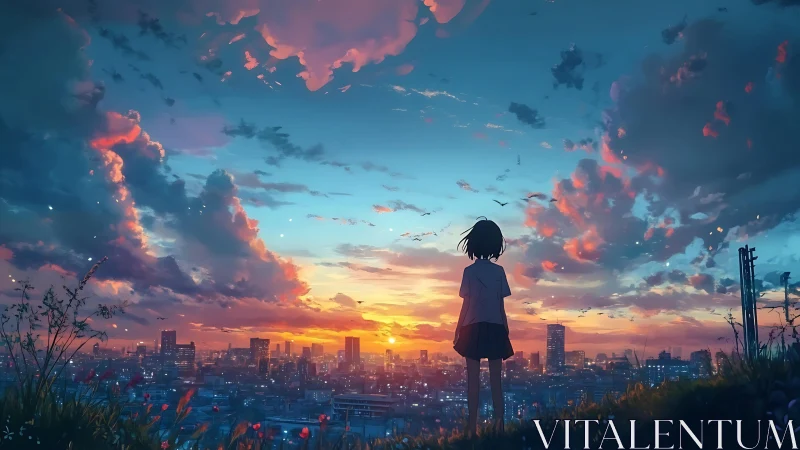 Sunset skyline observed by solitary anime silhouette figure.