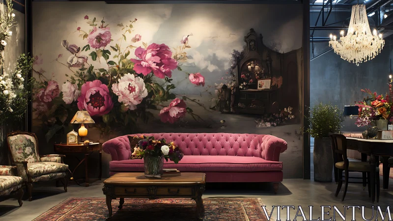 Velvet pink sofa anchors a romantic floral living room retreat