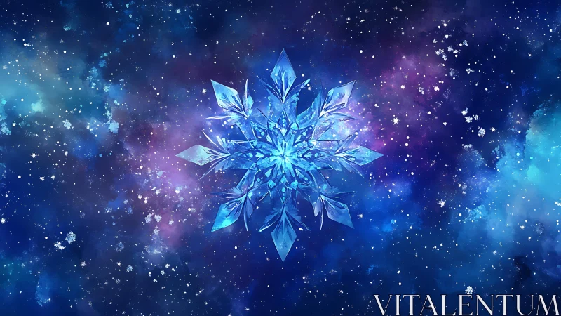 Crystal snowflake radiating in vibrant cosmic night sky.