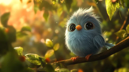 Adorable blue cartoon bird on branch in dreamy sunlight forest.