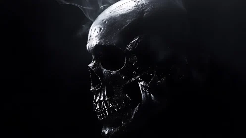 Glossy black skull profile in stark low key lighting.
