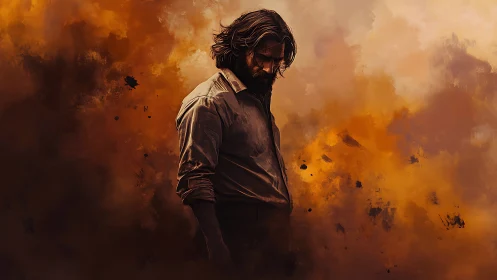 Brooding wanderer swallowed by stormy ember smoke clouds.