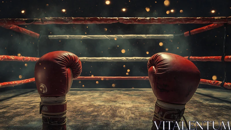 Boxing ring with two gloves positioned before competition.