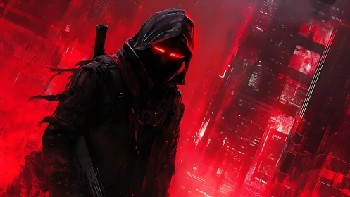 Hooded armed figure in red cyberpunk urban environment.