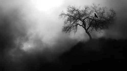 Solitary tree with perched crow rises through dense fog