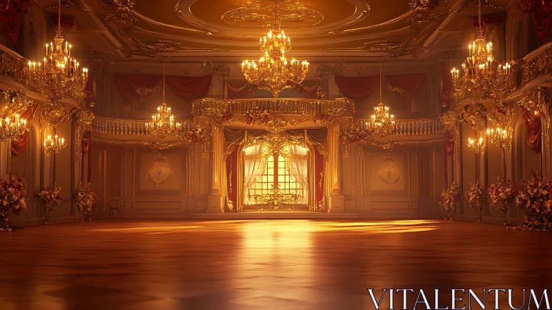 Baroque grand ballroom interior with chandeliers, 3D render.