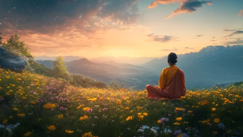 Monk meditates in wildflower meadow at glowing sunset.