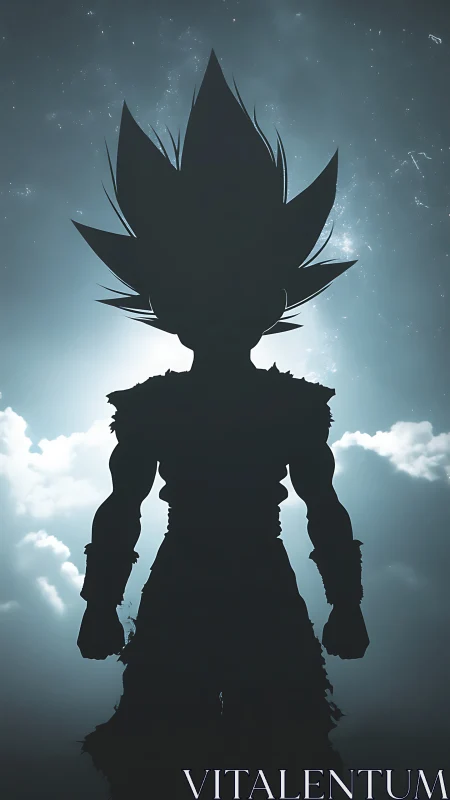 Backlit anime warrior silhouette confronts luminous storm sky