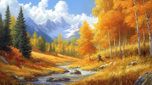 Autumn mountain valley with river, conifers and birch trees.