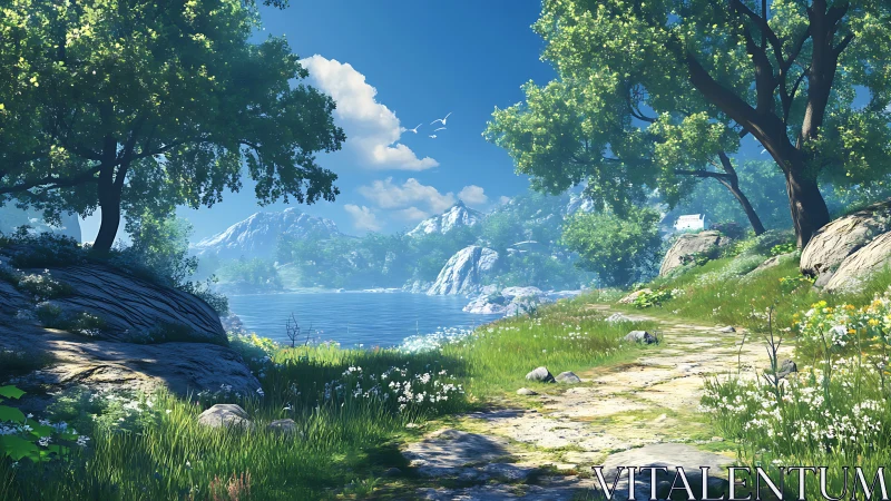 Lakeside mountain path under crisp midday volumetric light.