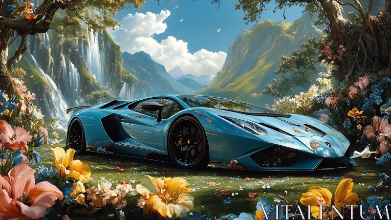 Blue supercar stands in lush valley surrounded by flowers