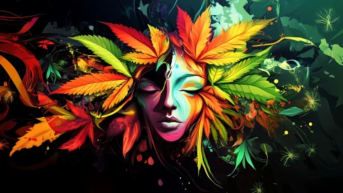 Psychedelic female visage with chromatic foliage crown in bloom