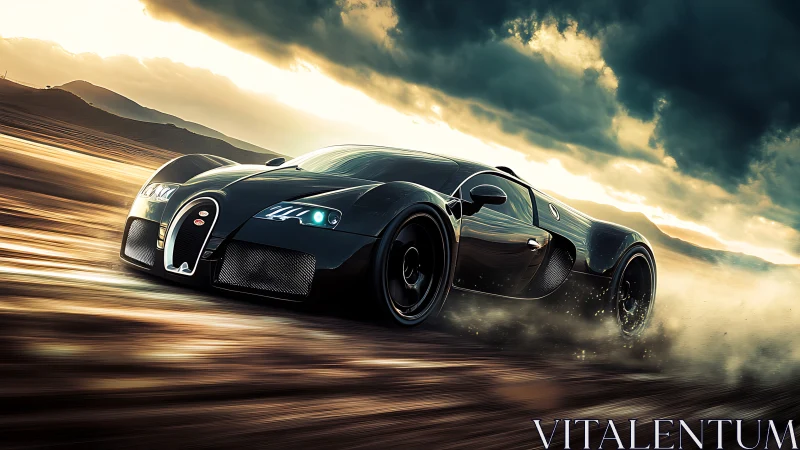 Photorealistic hypercar sprint under storm-lit desert skies.