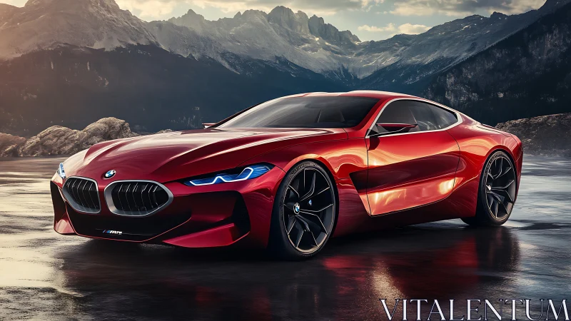 Red BMW concept coupe on reflective alpine landscape surface.