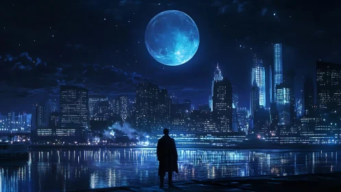 Solitary figure surveys neon-lit metropolis under enlarged moon
