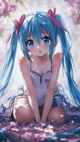 Blue haired anime girl kneeling among soft pink blossoms.