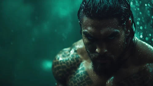 Moody low-key portrait of wet tattooed male subject in teal light.