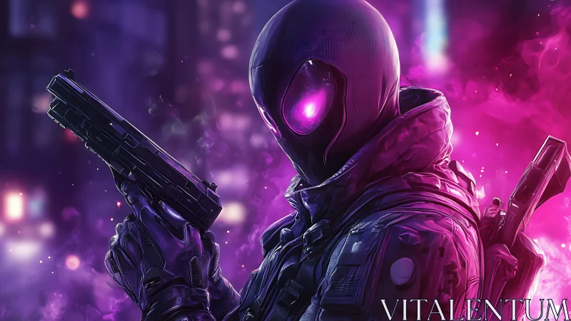 Futuristic armed figure in purple neon urban environment.