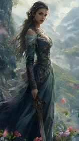 Warrior princess stands amid misty mountains, blade ready.