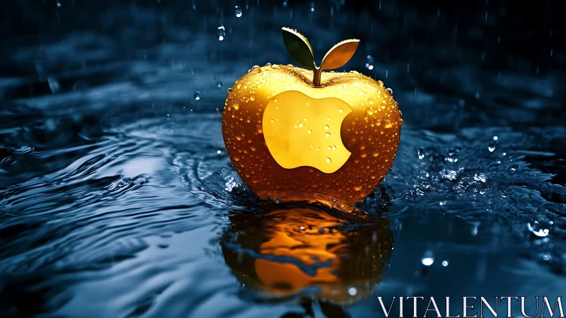 Golden apple logo sculpture in stormy blue water.