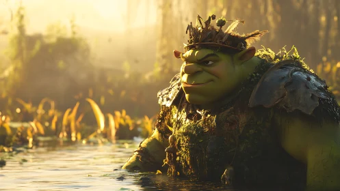 Swamp ogre warrior rendered in cinematic golden-hour lighting