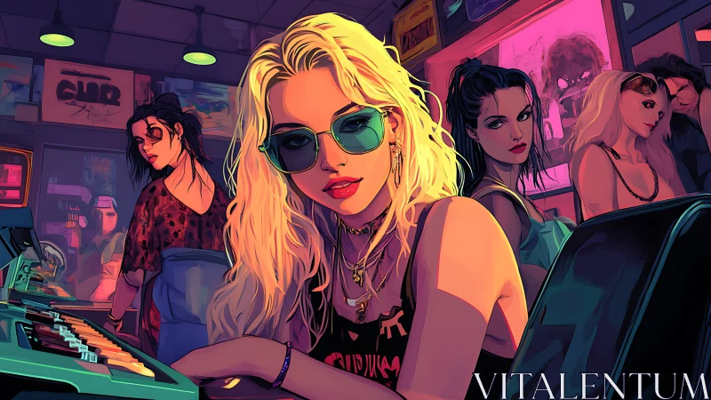 Blonde woman in neon-lit arcade foregrounds a crowded scene