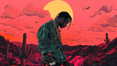 Figure in stylized desert landscape under large setting sun.