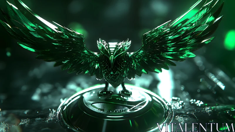 Emerald Glass Owl Statue with Outstretched Wings in Futuristic Style.