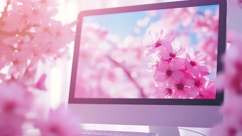 Computer monitor displays close-up cherry blossom photograph