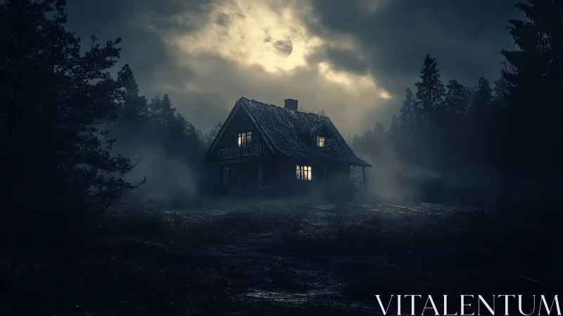 Lonely forest cabin glows under a haunting, misty full moon