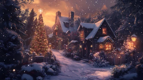 Snow-covered houses display structured holiday lighting at dusk