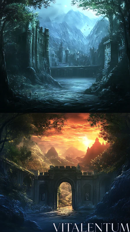 Twin fantasy citadels contrast frozen moonlight and burning dawn