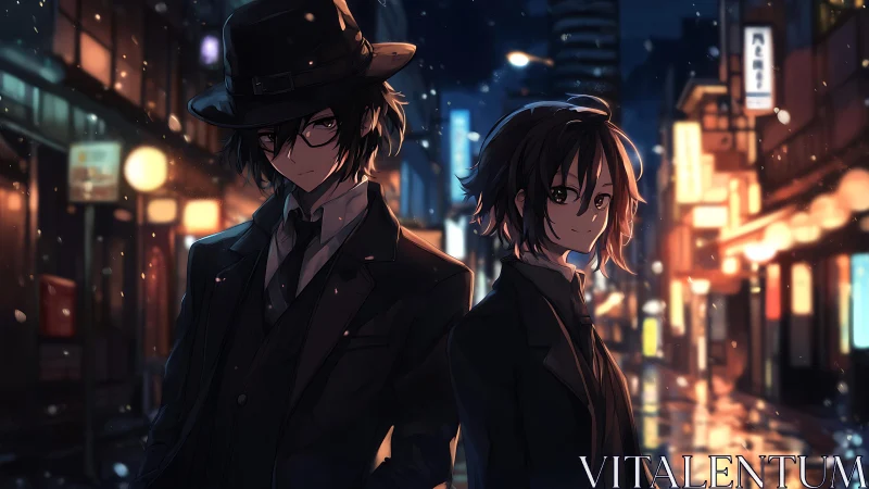 Stylish anime duo walk through neon city at snowy night.